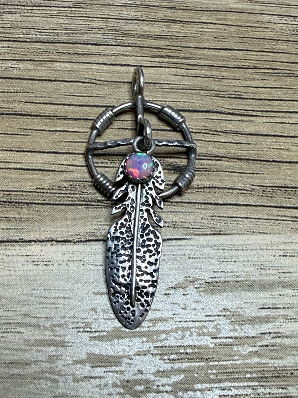 Silver Feather medicine wheel pendant with Pink Opal Accent
